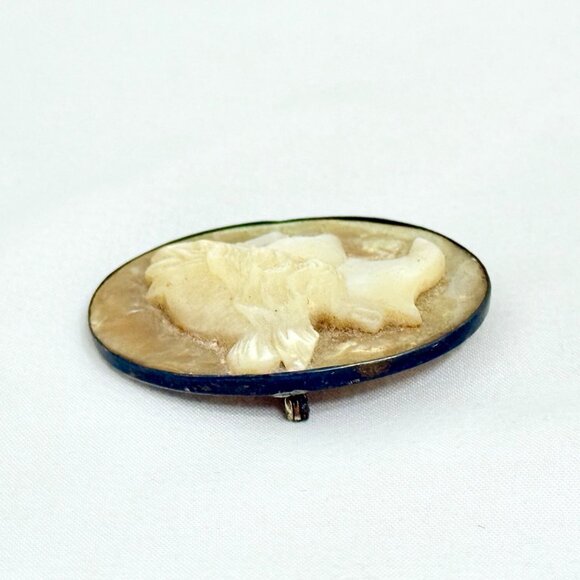 Vintage Hand-Carved Cameo Brooch/Pin Mother Of Pearl Shell Sterling Setting - Picture 5 of 8